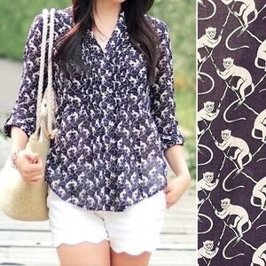 ANTHROPOLOGIE Maeve Monkey Print button up Blouse Eggplant Purple/Cream Size 6